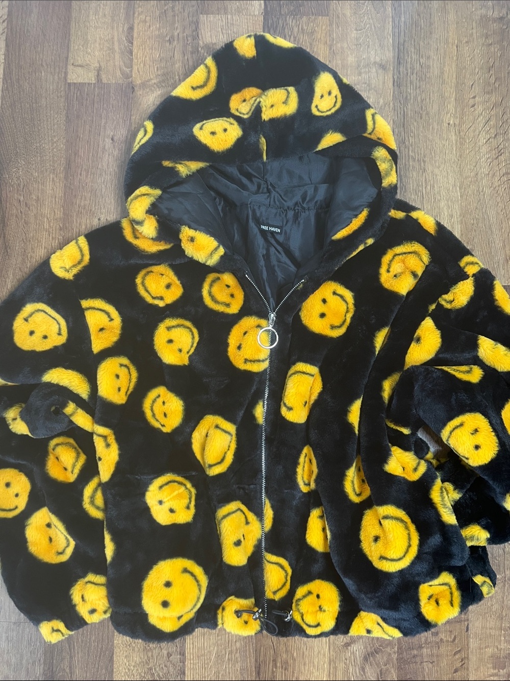 Free Haven Smiley Face Hoodie Jacket Full Zip Pockets Cinch Waist Size XL